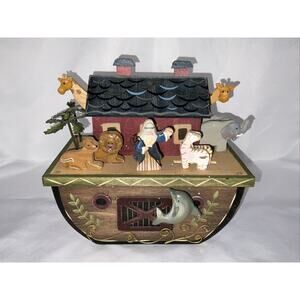 "We Wish You A Merry Christmas" Noah's Ark Wooden Music Box With Moving Animals